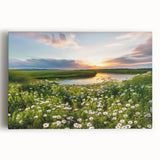 Stretched canvas wall art featuring a serene lake landscape with vibrant colors, perfect for home decor, showcasing tranquil nature scenes for a calming ambiance.