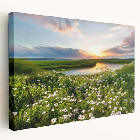 Stretched canvas wall art featuring a serene lakeside landscape with vibrant blues and greens, elegantly framed for home decor, showcasing nature's tranquility. Perfect for enhancing living spaces with calming scenery.