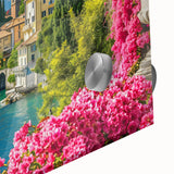 Close-up of a vibrant acrylic glass artwork showcasing a serene lakeside landscape, featuring lush greenery and a tranquil water reflection, ideal for modern home decor.