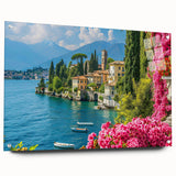 Acrylic glass wall art featuring a serene landscape lake design, showcasing vibrant colors and intricate details, displayed from a side view with decorative pins. Ideal for enhancing modern home decor and artistic interiors.