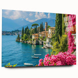 Acrylic glass wall art showcasing a serene landscape of a tranquil lake surrounded by lush greenery, designed for modern home decor, viewed from the side without pins.