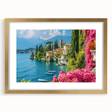 Framed wall art featuring a serene lake landscape, with a gold mat and frame, perfect for enhancing home decor in a stylish setting. Ideal for nature lovers.