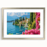 Framed wall art showcasing a picturesque lake landscape with vibrant colors, silver matting, and a sleek frame, ideal for enhancing home decor.