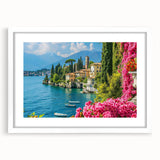 Framed wall art featuring a serene lakeside landscape in soft blues and greens, accentuated by a white mat, ideal for home decor and calming ambiance.