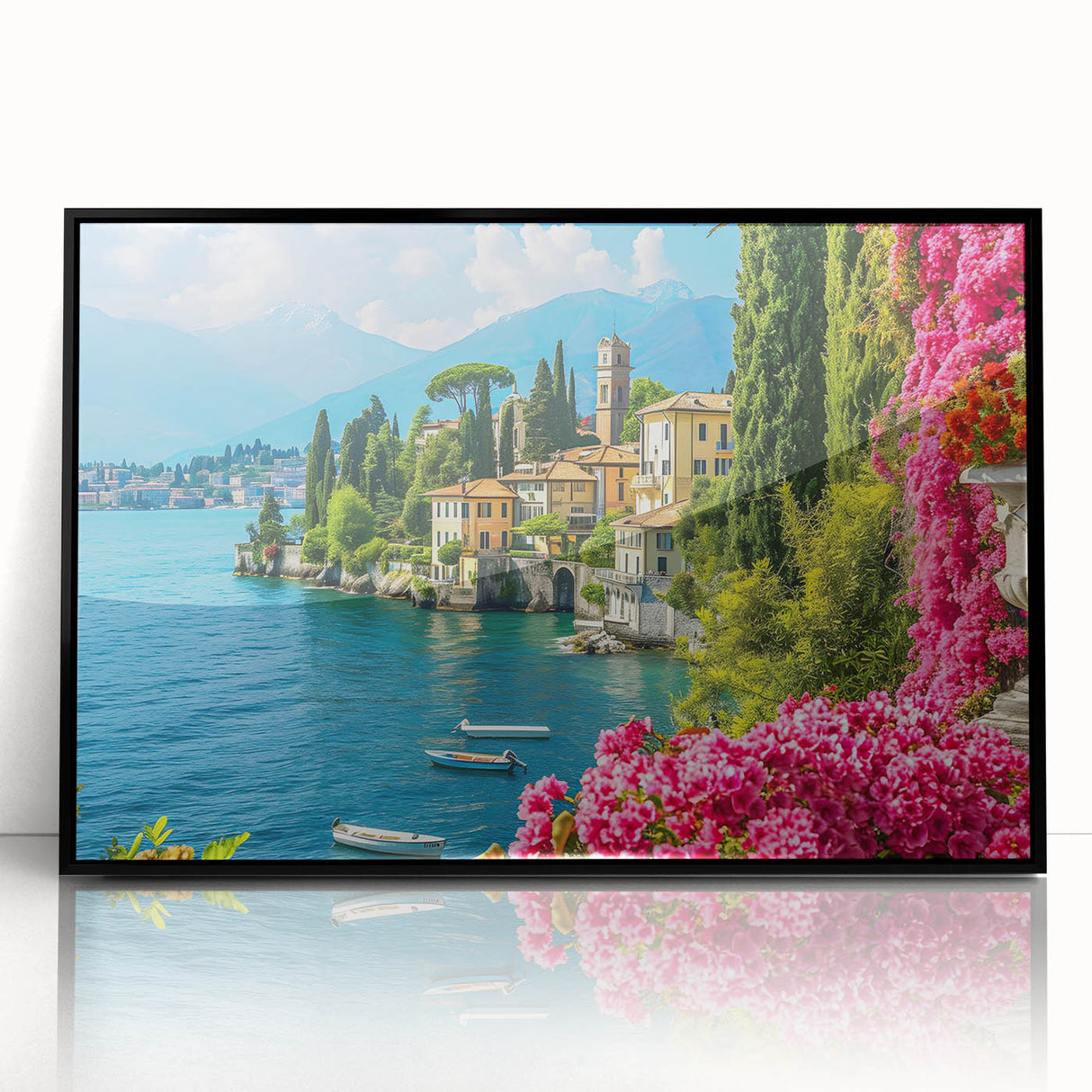 Framed wall art featuring a serene landscape of tranquil lakes and lush greenery, designed with a sleek black frame to enhance any decor. Perfect for nature lovers.
