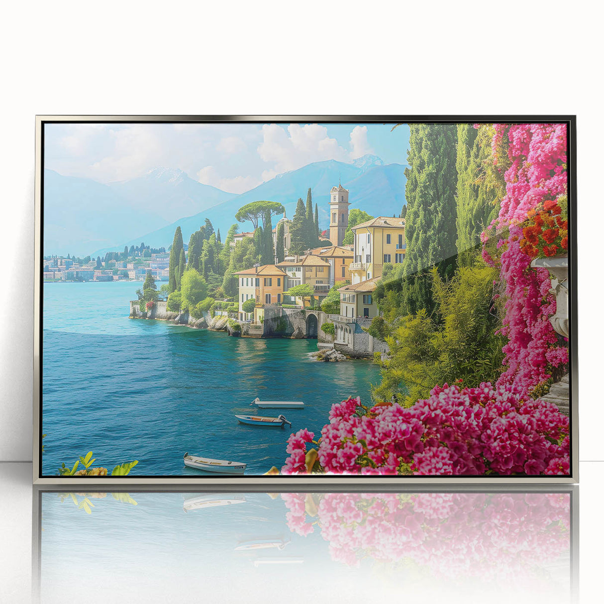 Framed wall art collection showcasing a serene landscape of a tranquil lake surrounded by lush greenery, enhanced with a sleek silver frame and acrylic front for a modern touch. Ideal for home decor enthusiasts seeking nature-inspired artwork.