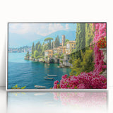 Framed acrylic wall art depicting a serene lake landscape with vibrant colors, showcasing reflections in water and surrounded by lush greenery. Perfect for home decor.