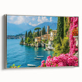 Framed canvas artwork featuring a serene lake landscape design with vibrant colors and a silver frame, perfect for enhancing modern home decor.