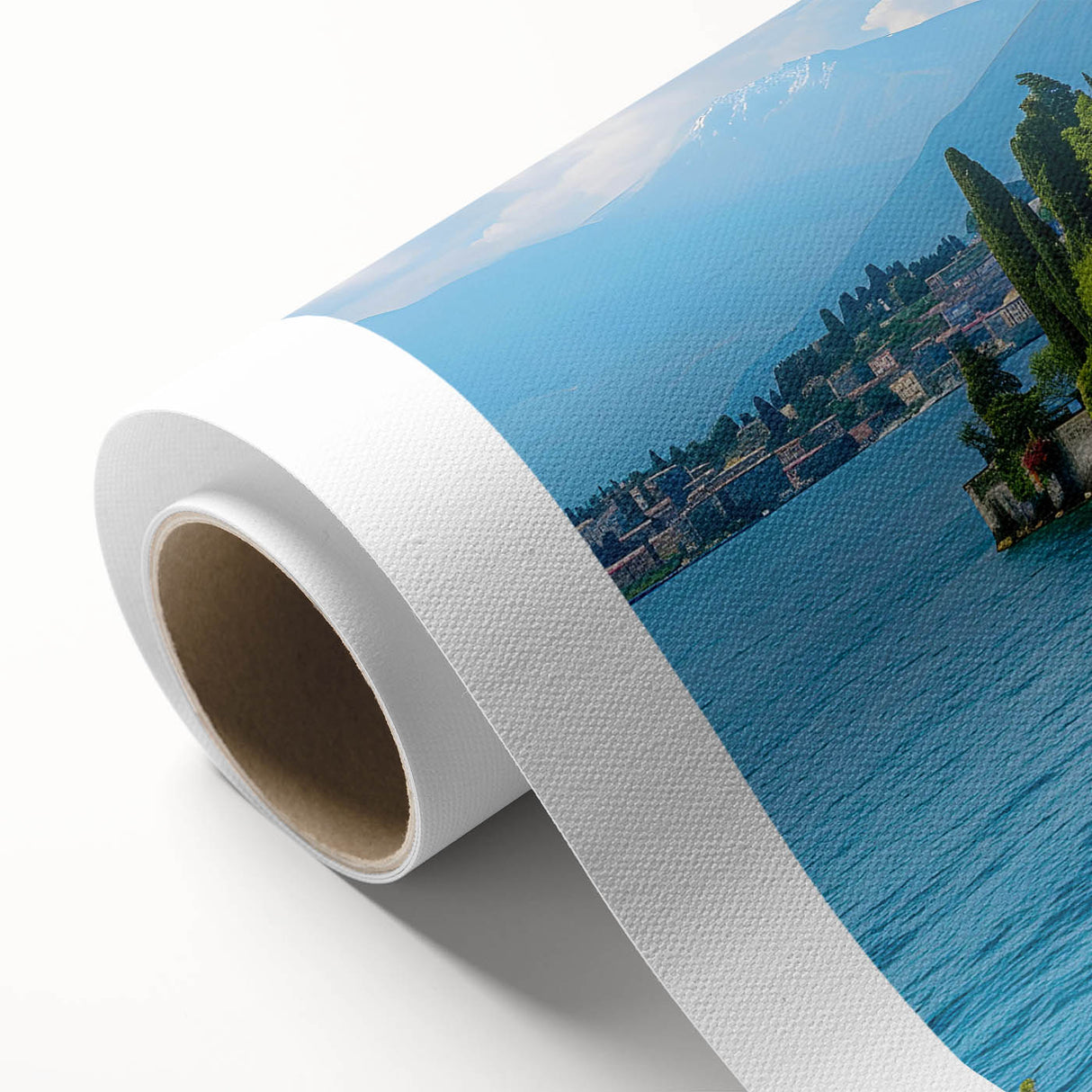 Vibrant rolled canvas showcasing a serene landscape of a tranquil lake surrounded by lush greenery, perfect for enhancing home decor and adding a calming touch.