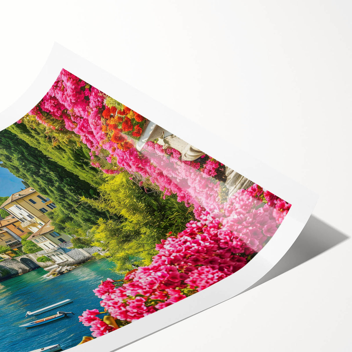 Vibrant landscape lake wall art print showcasing serene blue waters surrounded by lush greenery, featuring a rolled design for easy framing and display.