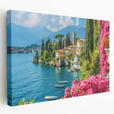 Stretched canvas wall art featuring a serene lake landscape design, showcasing vibrant blues and greens, ideal for enhancing home decor with nature-inspired aesthetics.