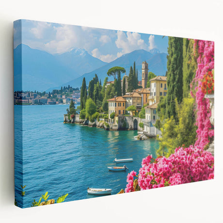 Stretched canvas wall art featuring a serene lake landscape design, showcasing vibrant blues and greens, ideal for enhancing home decor with nature-inspired aesthetics.