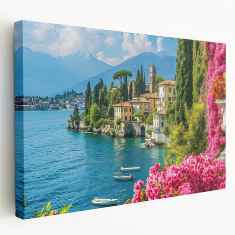 Stretched canvas wall art featuring a serene lake landscape design, showcasing vibrant blues and greens, ideal for enhancing home decor with nature-inspired aesthetics.