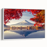 Framed canvas wall art showcasing a serene lake landscape with vibrant colors, set in a sleek white frame, ideal for enhancing home decor aesthetics.