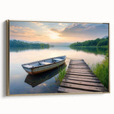 Framed canvas wall art depicting a serene lake landscape, featuring vibrant colors and intricate details, set in a stylish gold frame for an elegant touch.