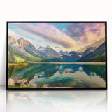 Framed acrylic wall art showcasing a serene lake landscape, featuring vibrant blues and greens, set in a sleek black frame, ideal for modern home decor.