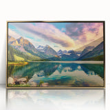 Framed wall art featuring a serene lake landscape design with vibrant colors and gold accents, perfect for enhancing home decor and creating a calming atmosphere.