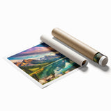 Serene landscape wall art print showcasing tranquil lake views and lush greenery, rolled for easy shipping and display, enhancing any room's decor.