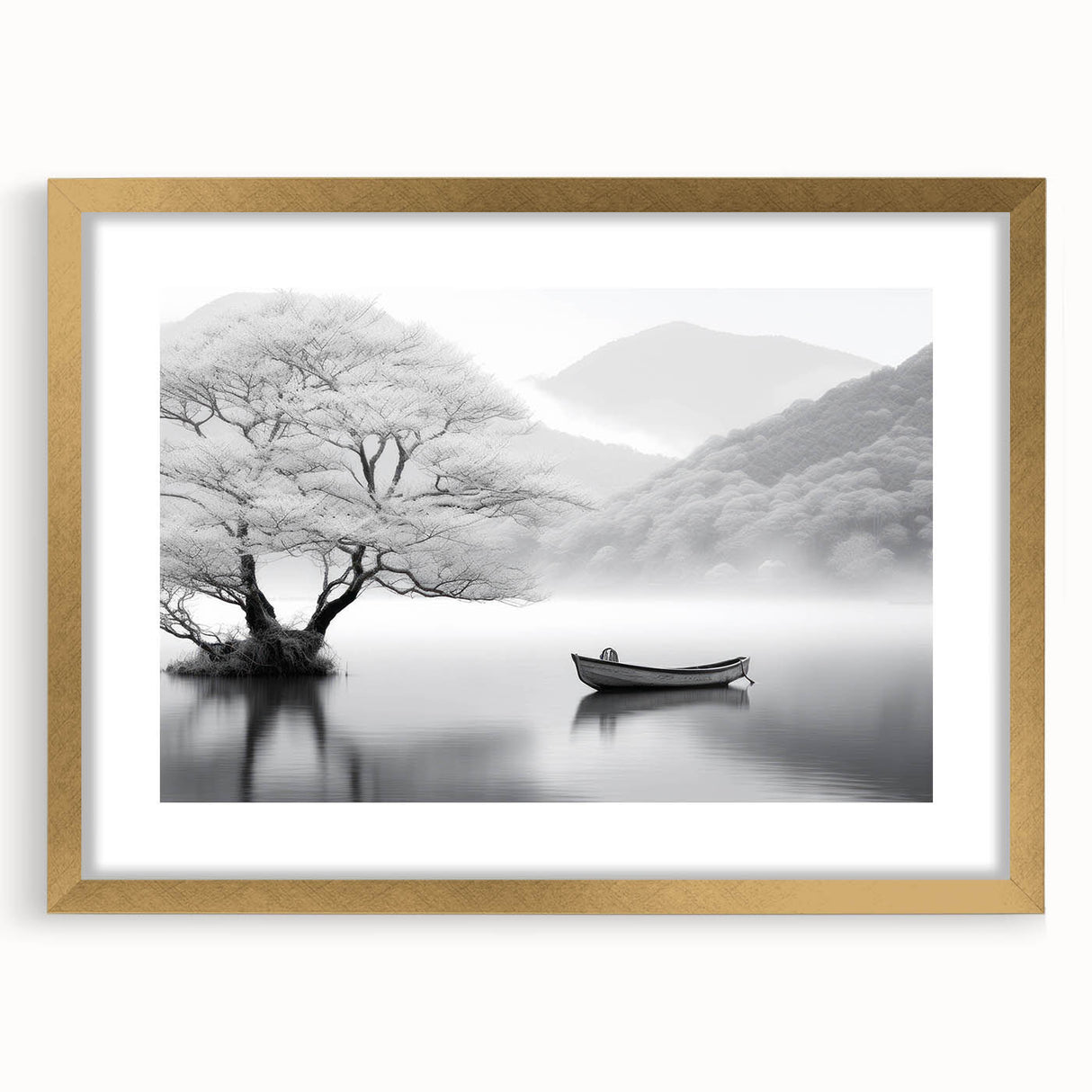 Elegant gold-framed wall art collection featuring tranquil lake landscapes, designed with a white mat for an upscale look, perfect for home decor.