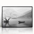 Framed acrylic wall art featuring a tranquil lakeside landscape design with vibrant colors, mounted in a sleek black frame, perfect for home decor.