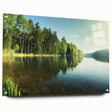 Acrylic glass wall art showcasing a serene lakeside landscape design, displayed from a side view with pin mounting. The tranquil colors and intricate details create a calming focal point for home decor.