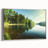 Framed canvas wall art showcasing a serene lakeside landscape with vibrant colors, silver frame highlighting the scene, perfect for home decor.