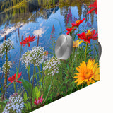 Close-up of a vibrant acrylic glass wall art piece depicting serene landscapes and tranquil lakes, showcasing rich colors and intricate details, perfect for home decor.
