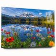 Acrylic glass wall art showcasing a serene lake landscape design, featuring vibrant blues and greens, mounted on a stylish side view frame with decorative pins.