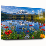 Acrylic wall art showcasing a serene landscape of lakes, framed in sleek glass, presented in a side view, ideal for modern home decor.