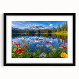 Framed black wall art showcasing a serene lake landscape design, featuring vibrant blues and greens with a white mat, perfect for enhancing modern home decor.