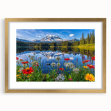 Framed wall art featuring a serene landscape of lakes, designed with a gold mat border, perfect for enhancing home decor. The artwork captures tranquil reflections and vibrant colors, ideal for nature lovers.
