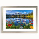 Framed wall art collection showcasing serene lake landscapes with silver matting, perfect for home decor. The piece highlights tranquil nature scenes in vibrant colors, ideal for enhancing living spaces.