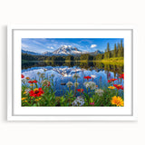 Framed wall art featuring a serene landscape with a tranquil lake, surrounded by lush greenery, designed with a white mat for an elegant presentation. Ideal for home decor.