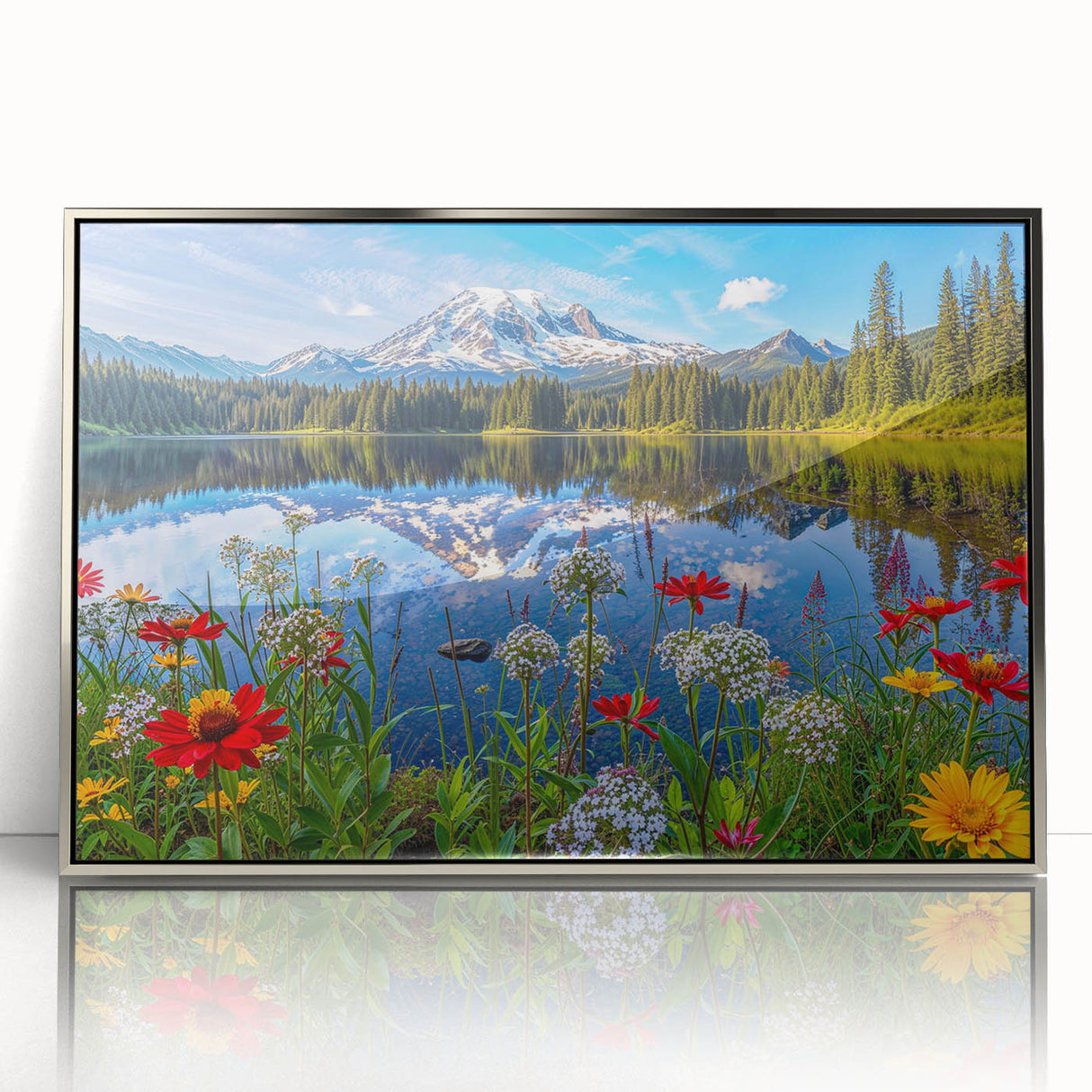 Framed acrylic wall art featuring a serene lake landscape, highlighted by vibrant colors and a sleek silver frame, perfect for modern home decor.