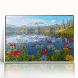 Framed acrylic wall art featuring a serene landscape with a tranquil lake and lush greenery, set against a white frame for a modern aesthetic. Perfect for enhancing home decor with nature-inspired elements.