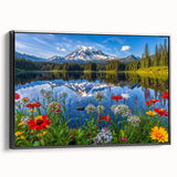 Framed canvas wall art showcasing a serene lake landscape design, featuring vibrant blues and greens, with a sleek black frame enhancing its modern aesthetic. Perfect for home decor.