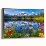 Framed canvas wall art showcasing a serene lakeside landscape with vibrant colors and gold accents, perfect for enhancing modern home decor.