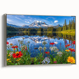 Framed canvas wall art showcasing a serene lake landscape design, featuring vibrant colors and a sleek silver frame, ideal for home decoration or office ambiance.