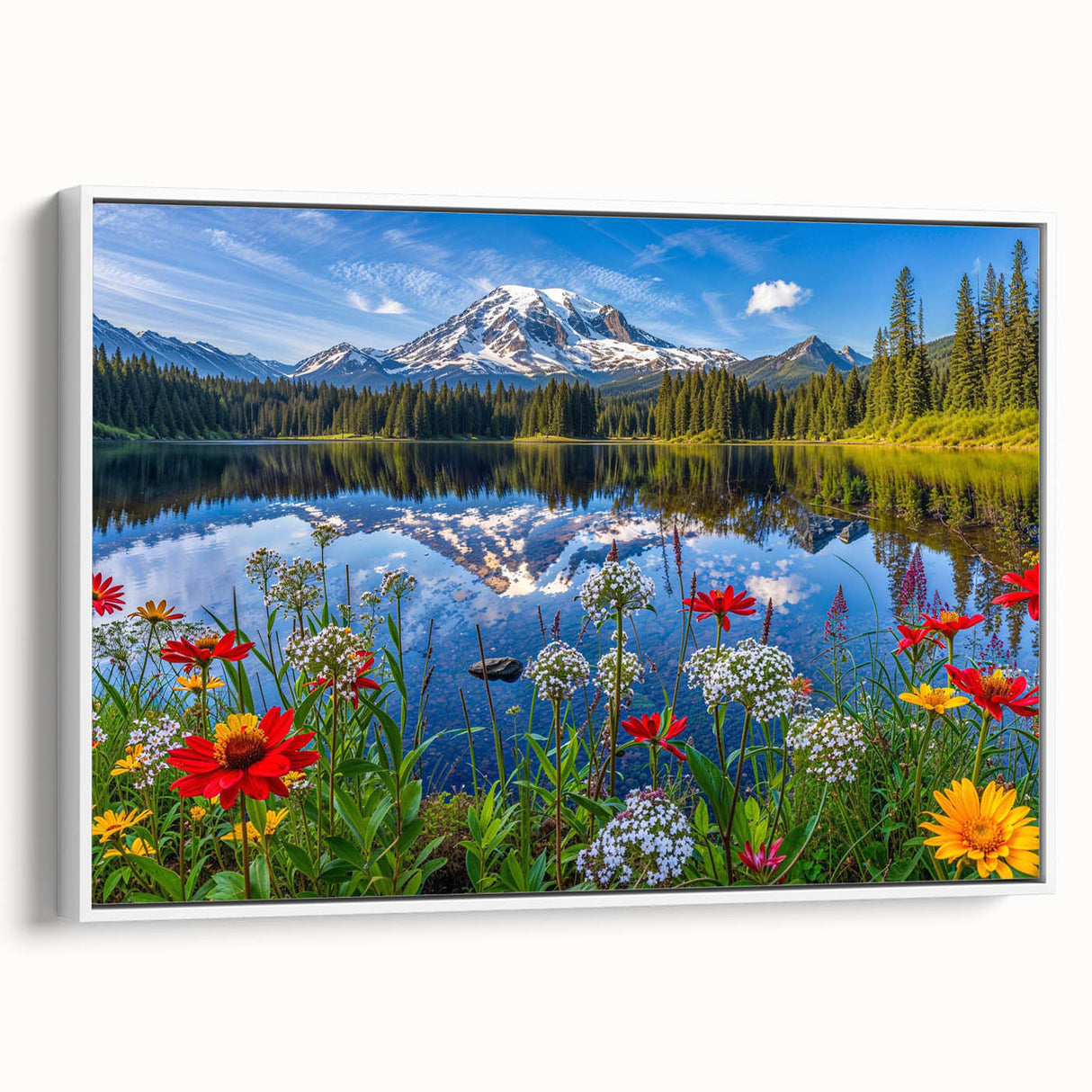 Framed canvas wall art showcasing a serene landscape with a tranquil lake, surrounded by lush greenery and mountains, perfect for home decor or office ambiance.