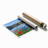 Abstract landscape wall art print showcasing serene lakes and lush greenery, rolled for easy shipping in a protective cardboard tube. Perfect for home decor.
