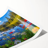 Rolled landscape wall art print showcasing a serene lake scene with vibrant colors and detailed reflections, perfect for enhancing home decor aesthetics.