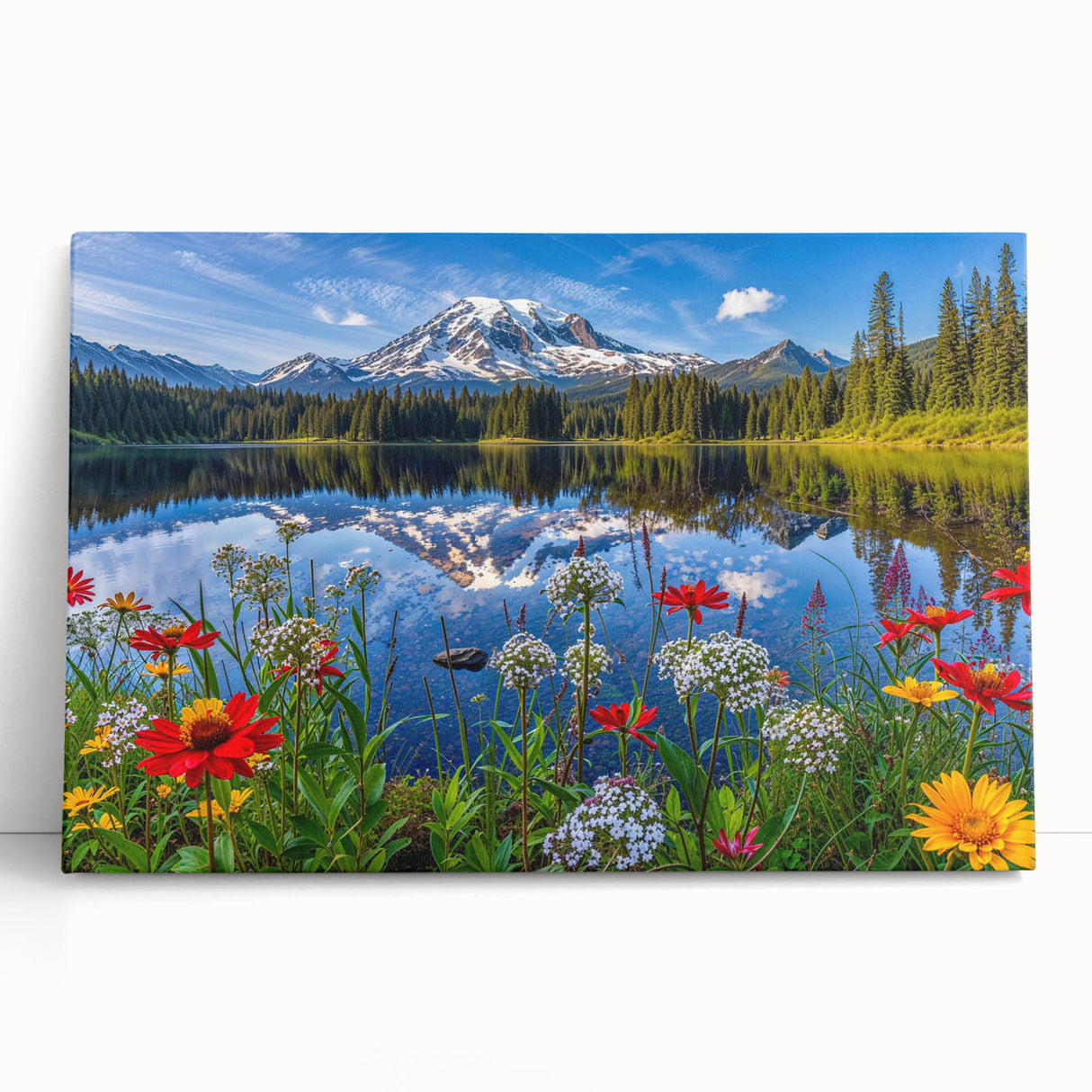 Stretched canvas wall art showcasing a serene lake landscape with vibrant colors, perfect for adding a tranquil touch to home decor. Ideal for nature enthusiasts.