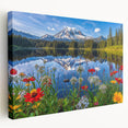 Stretched canvas wall art showcasing a serene lake landscape, with vibrant colors of blue and green. Perfect for enhancing home decor or office ambiance.