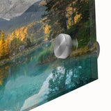 Close-up of a stunning acrylic glass wall art piece depicting tranquil lakes and landscapes, showcasing vibrant colors and intricate details, perfect for modern home decor.