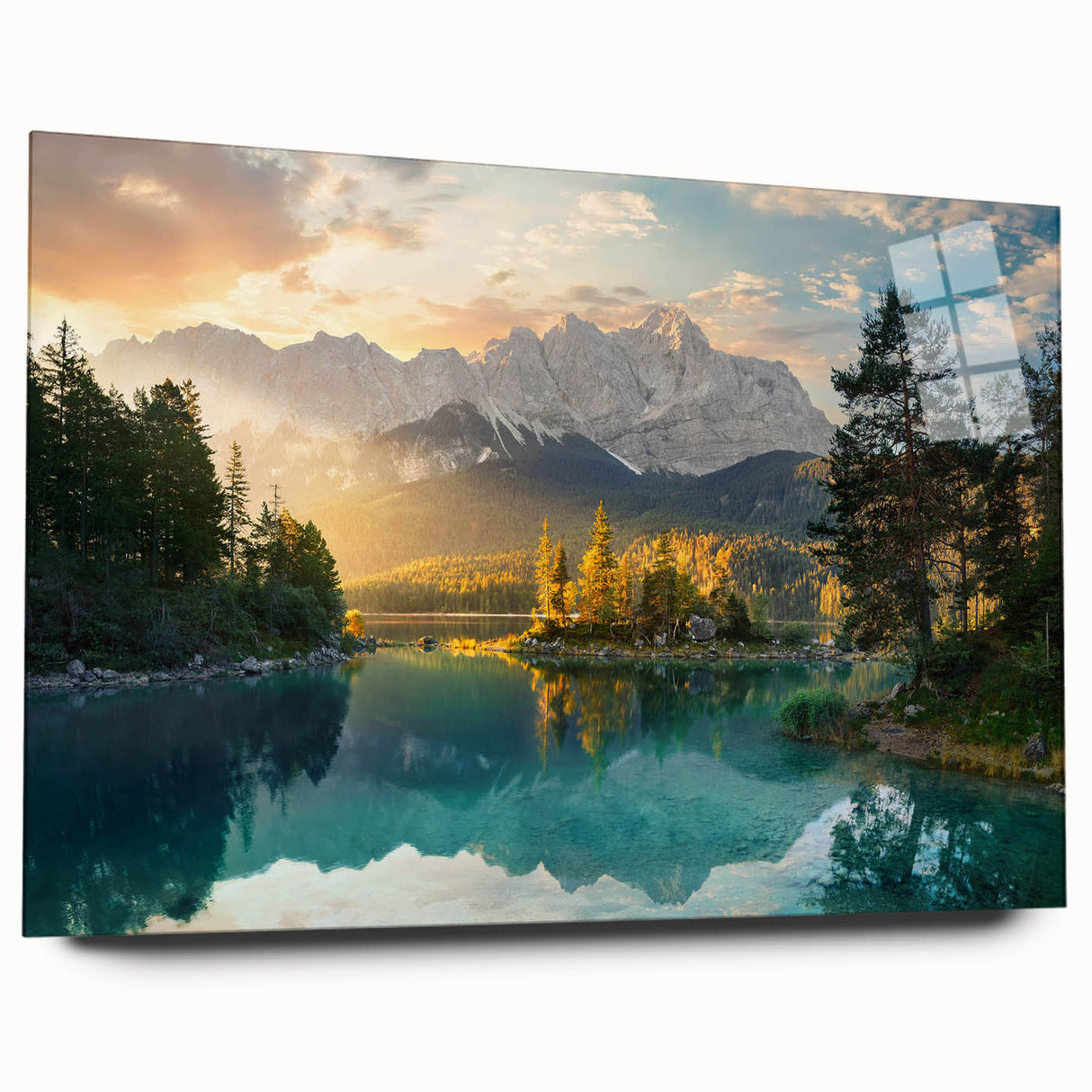 Acrylic glass wall art collection showcasing a serene lakeside landscape design. This side view highlights the sleek edges and vibrant colors, perfect for home decor. Ideal for nature lovers, this artwork adds a calming touch to any space.