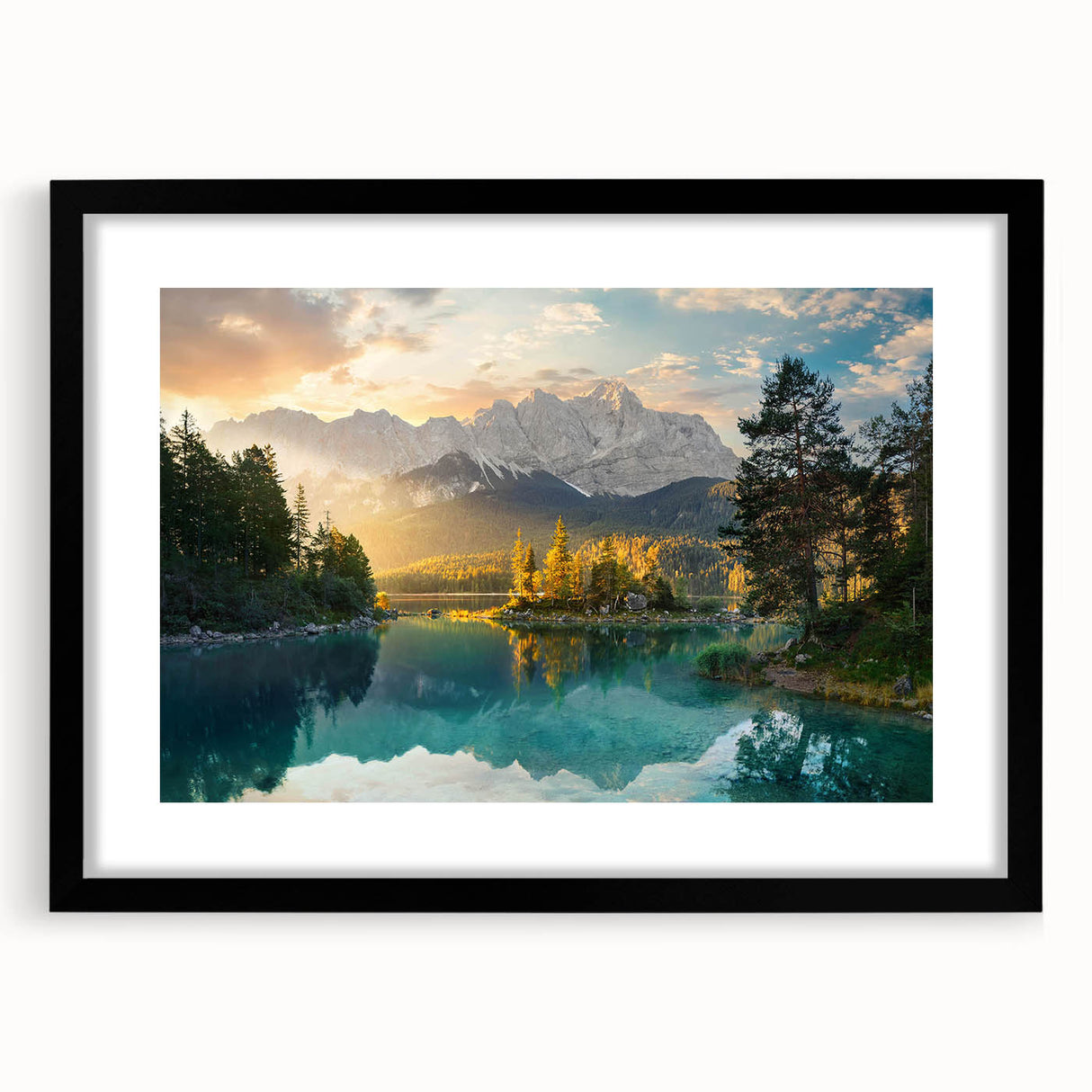 Framed wall art collection showcasing a serene lake landscape design with vibrant colors, featuring a sleek black frame and mat, ideal for home decor enhancement.