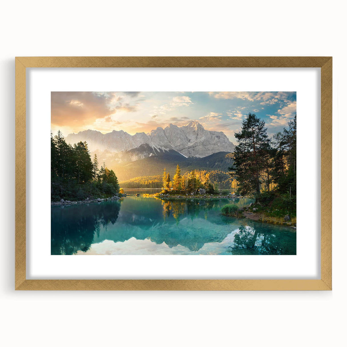 Framed wall art featuring a serene lake landscape design, accented with a gold mat, offering a sophisticated touch to any decor. Ideal for nature lovers.