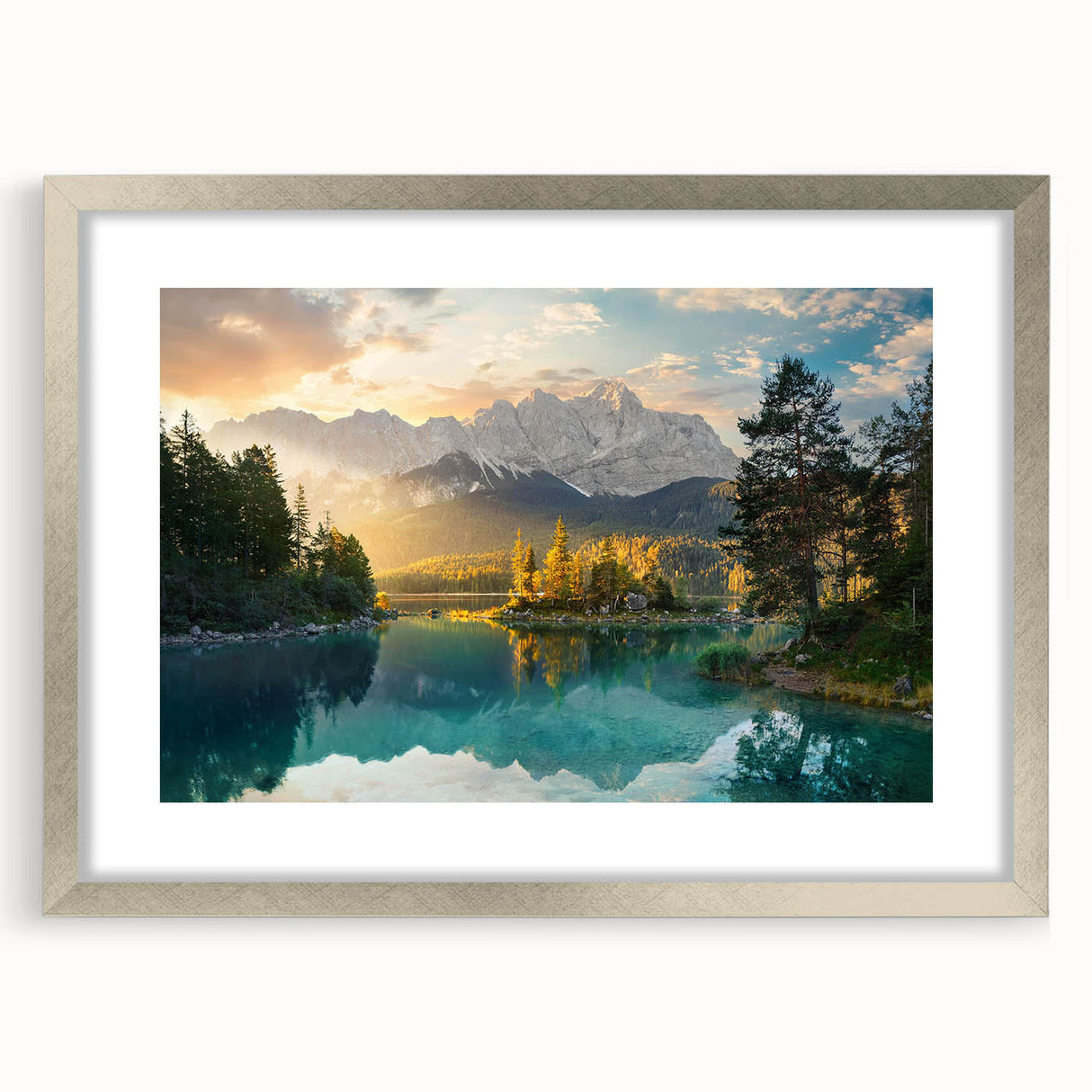 Framed wall art depicting a serene lake landscape with vibrant colors, showcasing a silver mat and frame, perfect for home decor and enhancing interior aesthetics.