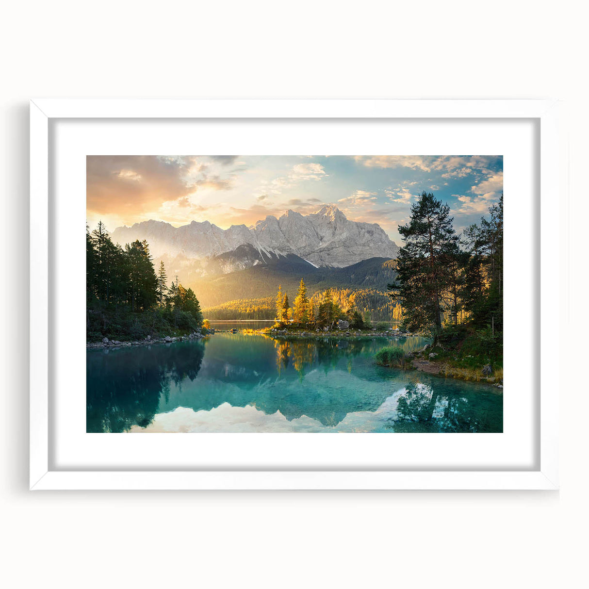 Framed wall art depicting a serene landscape with a tranquil lake, surrounded by lush greenery, presented in a white mat and frame, enhancing any decor.