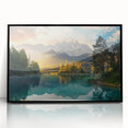 Framed black acrylic wall art showcasing a serene lakeside landscape, featuring vibrant colors and intricate details, perfect for modern home decor.